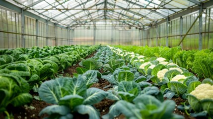 Aufkleber - Healthy rows of cabbages and cauliflowers thrive in a greenhouse, showcasing vibrant greens and rich soil in early spring.