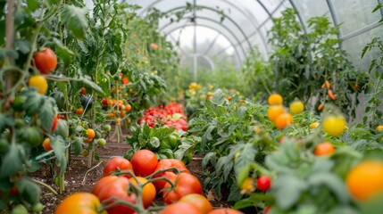 Poster - Vibrant red and yellow tomatoes fill the greenhouse, surrounded by thriving green plants under soft, natural light.