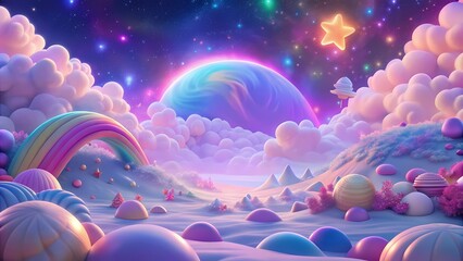Wall Mural - a background of pastel rainbow unicorns with glittering stars. a dreamy, pink, fuzzy sky. charming r