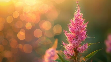 Poster - Pink uniquely shaped flower of Spiraea loosestrife in evening light and backlight Honey plant native to Eurasia flowering in temperate climate Found in Russia s Saratov and Engels Offers co