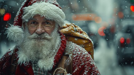 Cheerful Man Dressed as Santa Claus Strolling Through Snowy City Street in December