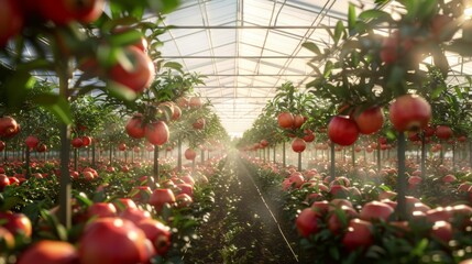 Poster - Rows of vibrant apple trees filled with red fruits bask in the warm afternoon light inside a greenhouse.