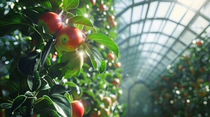 Poster - Sunlight filters through the greenhouse glass, illuminating rows of apple trees bursting with ripe fruits and lush green leaves.