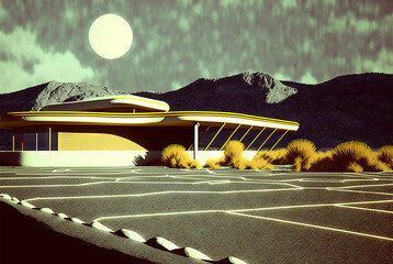 Aufkleber - Retrofuturistic landscape in 80s sci-fi style. Retro science fiction scene with futuristic buildings.