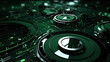 © swillklitch - Technology abstract background with hud styled round interface elements in neon tech light.