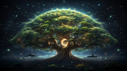 Wall Mural - magical tree of life glows in the night sky with a crescent moon, dolphins swimming under the stars,