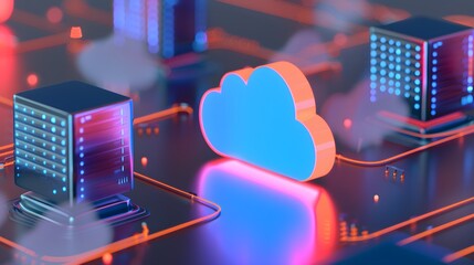 Poster - 3D illustration of cloud computing and data center network technology with glowing elements.