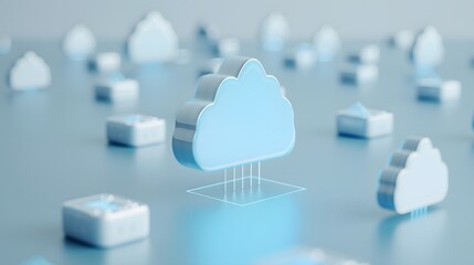 Poster - 3D illustration of cloud computing technology, showing multiple cloud icons on a blue background, representing digital data storage.