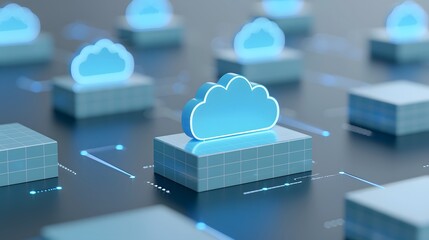 3D illustration of cloud computing technology with blue cloud icons on digital platforms, showcasing data storage and network connection.