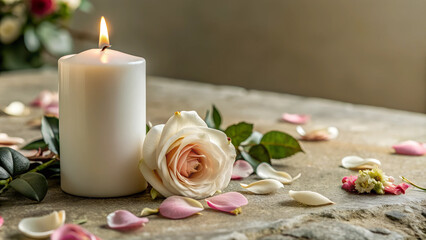 Wall Mural - White candle with a rose and flower petals on grey stone panoramic background with copy space, funeral services web banner