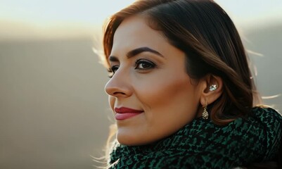 Wall Mural - Portrait of a beautiful woman with a scarf around her neck.