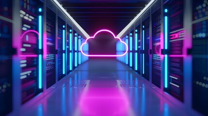 Poster - A futuristic data center with neon lights and cloud shape, symbolizing modern cloud computing technology.