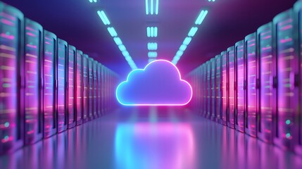 Poster - A futuristic data center with server racks glowing in neon lights, highlighting a central cloud icon representing cloud computing technology.
