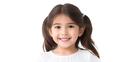 Wall Mural - Portrait of smiling baby girl with ponytails and in a white t-shirt on transparent background.