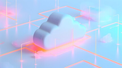 Poster - Abstract 3D illustration of cloud computing technology with vibrant neon lines and glowing connections in a digital environment.
