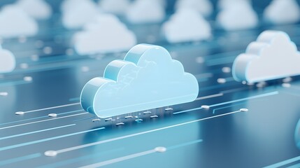 Poster - Abstract 3D rendering of cloud computing technology concept, illustrating data storage and transfer in a digital cloud environment.