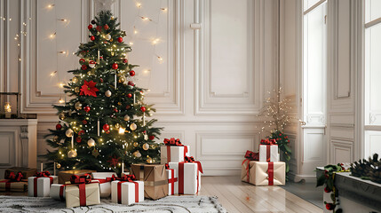 Cosy Christmas interior of a traditional old house with open fireplace with flame, decorated Christmas tree