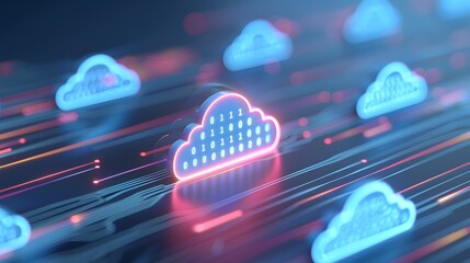 Poster - Abstract digital cloud computing concept with glowing neon clouds on a futuristic background, representing data storage and technology.