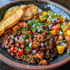 A bowl of food with rice, beans, and vegetables