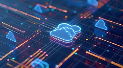 Poster - abstract digital image showing cloud computing concept with bright lines and cloud icons on a dark b