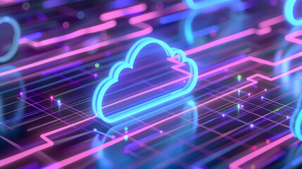 Poster - An abstract, colorful cloud computing concept with bright neon lights and digital connections representing futuristic technology.