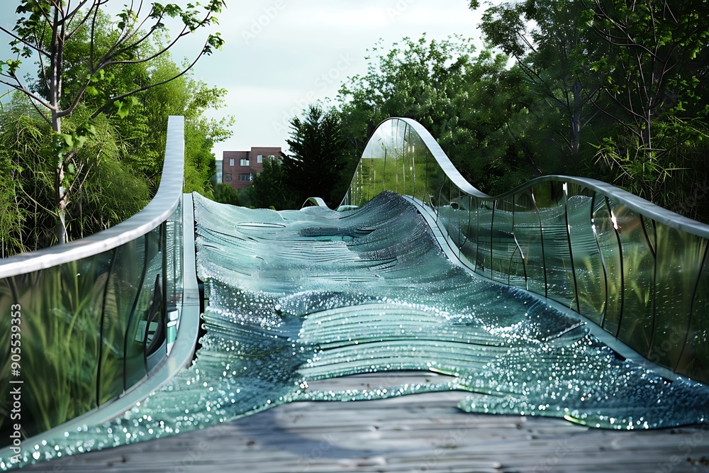 Recycled Railing Eco-friendly pedestrian bridge with wave-shaped railings and a pathway ...