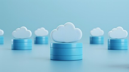 Poster - Cloud computing concept image with blue server stacks and white cloud symbols on a light blue background.