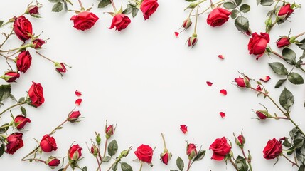Wall Mural - red roses frame on white background flat lay view with space for text