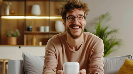 Wall Mural - Cheerful online presenter discussing a new WIFI smart light bulb and its impact on modern home automation.