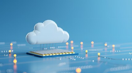 Poster - Cloud computing concept with a cloud above a circuit board on a blue background, representing data storage and digital connectivity.