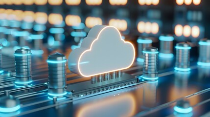 Poster - Cloud computing concept with a digital cloud and futuristic technology background, illustrating data storage and online connectivity.