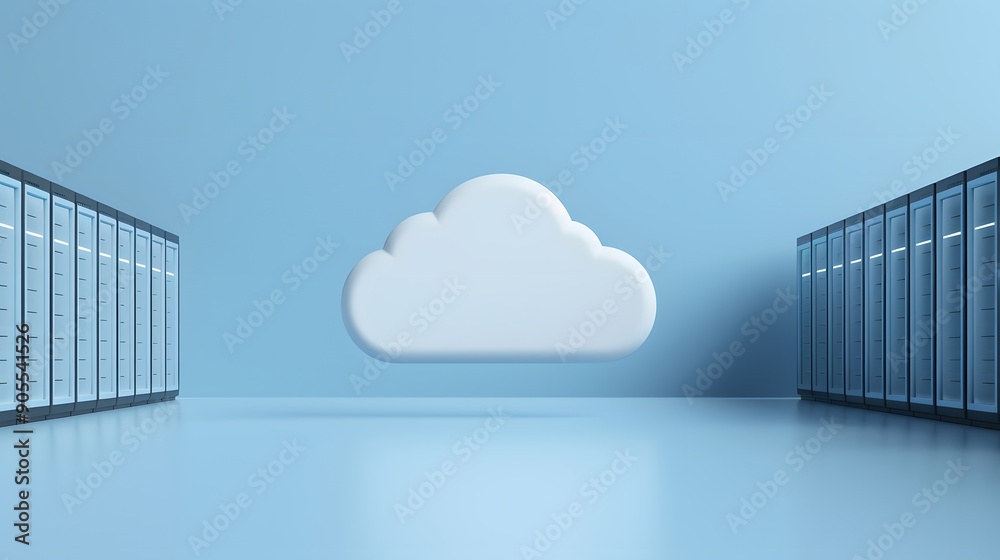 Cloud computing concept with a floating cloud icon between server racks ...