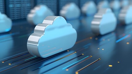 Poster - Cloud computing concept with digital clouds on a circuit board background, representing data storage, technology, and internet services.