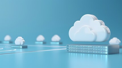 Poster - Cloud computing concept with digital data storage. Multiple virtual clouds and servers on a blue background represent technology and internet services.