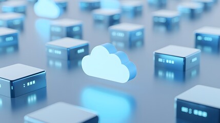 Poster - Cloud computing concept with glowing cloud icon among data servers, representing digital storage and network technology.