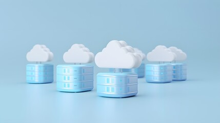 Poster - Cloud computing concept with servers and clouds on blue background, representing data storage and technology.