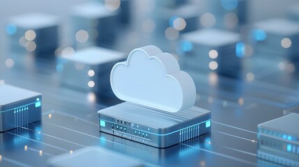 Poster - Cloud computing data storage concept with a 3D representation of a cloud over servers in a futuristic digital environment.