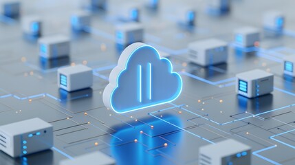 Poster - Cloud computing network concept with server icons and digital data storage in a futuristic background.