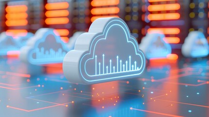 Poster - Cloud computing technology concept with a digital cloud icon and data servers in the background, representing data storage and internet services.