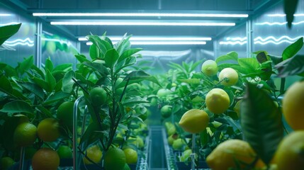Poster - Vibrant lemon trees filled with ripe fruit thrive in an indoor greenhouse under bright fluorescent lights.