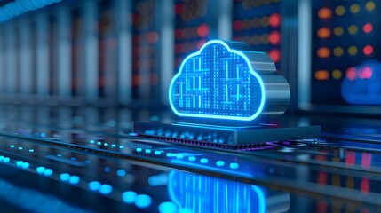 Poster - Cloud computing technology concept with a glowing digital cloud icon on a server background representing data storage and processing.