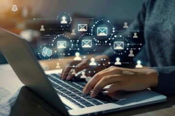 Poster - a person is typing on an open laptop, with icons of people and envelopes around the message bubble a