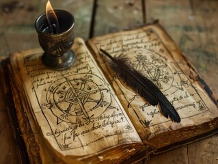 An open antique book with a lit candle and quill pen, suggesting magic, mystery, or ancient knowledge.