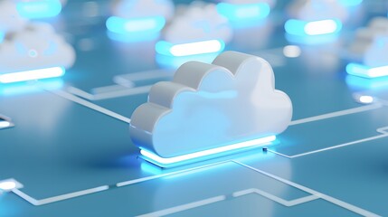Poster - Cloud technology concept showing multiple white cloud shapes illuminated and connected on a blue digital surface, symbolizing data networks.