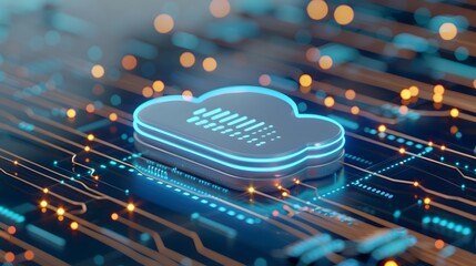 Poster - Cloud technology concept with a digital cloud shape over a circuit board background, representing data storage and computing services.