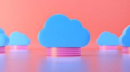 Poster - Colorful 3D illustration of blue clouds on pink platforms, symbolizing cloud storage and technology against a vibrant background.