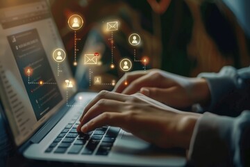 Poster - a person typing on an open laptop, with icons of people and an envelope floating around them to repr