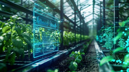 Poster - Digital interfaces overlay a greenhouse filled with thriving plants, showcasing the integration of technology in modern farming practices.