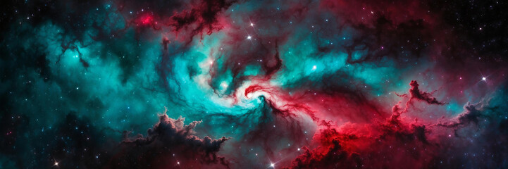 Wall Mural - background panorama of vast, swirling nebula with vibrant teal and red, against backdrop of twinklin