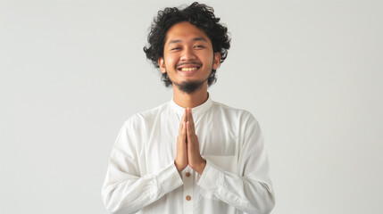 Indonesian men muslim, asian islamic male, smile, hands namaste, greetings hand. white background